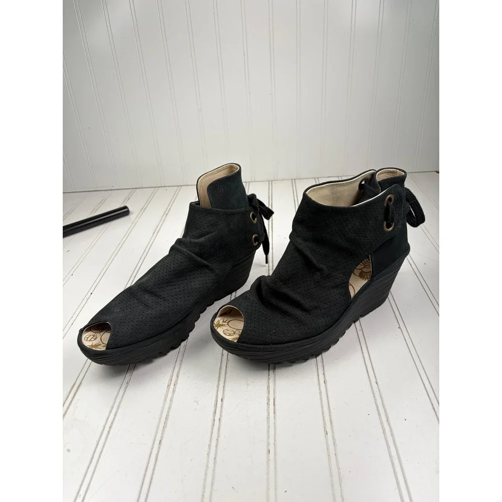 Fly London Yema Black Perforated Lace Up Wedge Sandals Women's Size 40 US 9-9.5